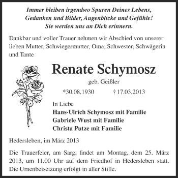 Traueranzeige von Renate Schymosz von WVG - Wochenspiegel Quedlinburg