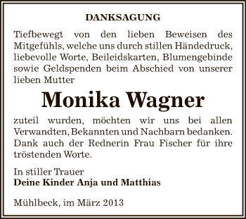 Traueranzeige von Monika Wagner von WVG - Wochenspiegel Bitterfeld