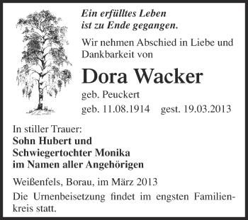 Traueranzeige von Dora Wacker von Super Sonntag Merseburg