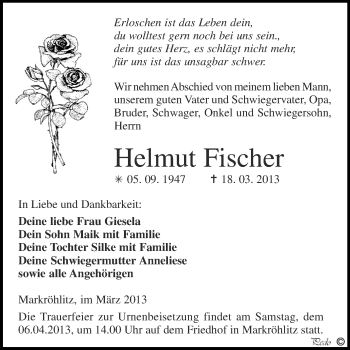 Traueranzeige von Helmut Fischer von WVG - Wochenspiegel NMB / WSF / ZTZ