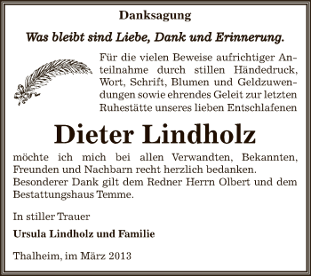 Traueranzeige von Dieter Lindholz von WVG - Wochenspiegel Bitterfeld