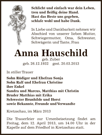 Traueranzeige von Anna Hauschild von Super Sonntag Zeitz