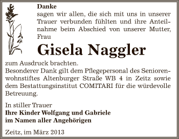 Traueranzeige von Gisela Naggler von Super Sonntag Zeitz