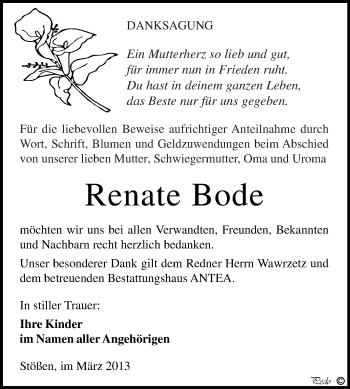 Traueranzeige von Renate Bode von WVG - Wochenspiegel NMB / WSF / ZTZ
