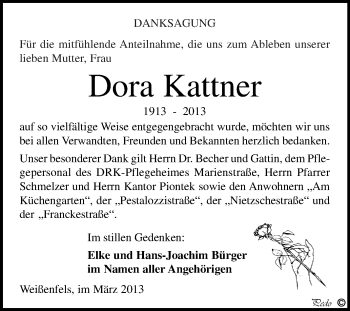 Traueranzeige von Dora Kattner von WVG - Wochenspiegel NMB / WSF / ZTZ