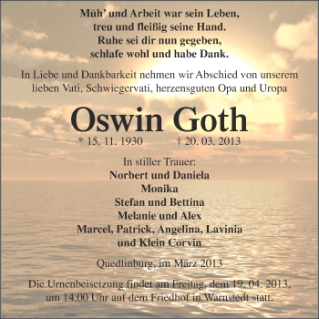 Traueranzeige von Oswin Goth von WVG - Wochenspiegel Quedlinburg