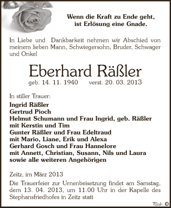 Traueranzeige von Eberhard Räßler von Super Sonntag Zeitz