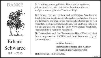 Traueranzeige von Erhard Schwarze von WVG - Wochenspiegel NMB / WSF / ZTZ