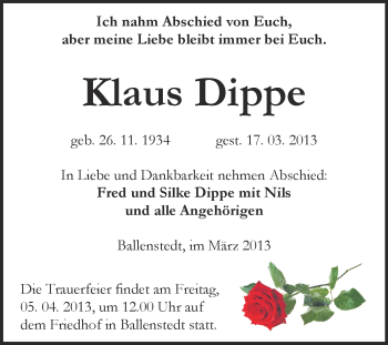 Traueranzeige von Klaus Dippe von WVG - Wochenspiegel Quedlinburg