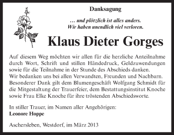 Traueranzeige von Klaus Dieter Gorges von Super Sonntag Aschersleben