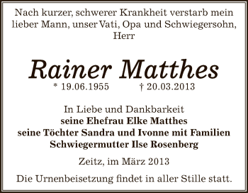 Traueranzeige von Rainer Matthes von Super Sonntag Zeitz