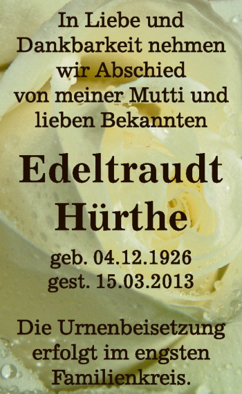 Traueranzeige von Edeltraudt Hürthe von WVG - Wochenspiegel Bitterfeld