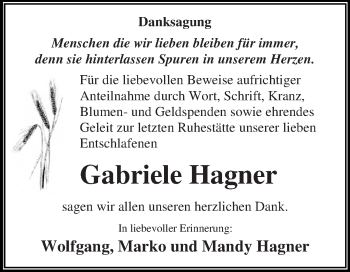 Traueranzeige von Gabriele Hagner von WVG - Wochenspiegel Dessau / Köthen