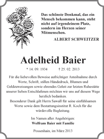 Traueranzeige von Adelheid Baier von WVG - Wochenspiegel NMB / WSF / ZTZ