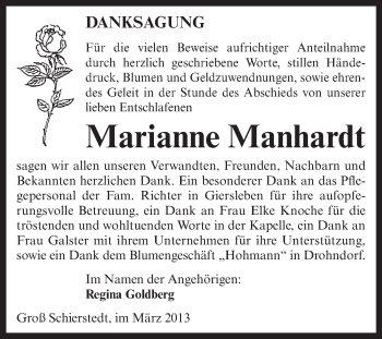 Traueranzeige von Marianne Manhardt von Super Sonntag Aschersleben