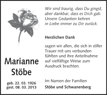 Traueranzeige von Marianne Stöbe von Super Sonntag Merseburg