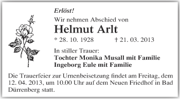 Traueranzeige von Helmut Arlt von Super Sonntag Merseburg