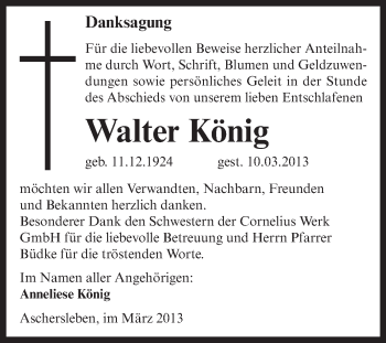 Traueranzeige von Walter König von WVG - Wochenspiegel Aschersleben