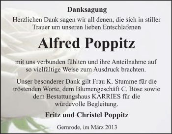 Traueranzeige von Alfred Poppitz von WVG - Wochenspiegel Quedlinburg