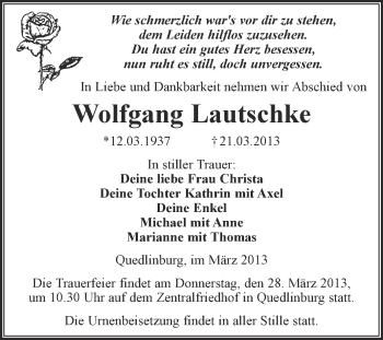Traueranzeige von Wolfgang Lautschke von WVG - Wochenspiegel Quedlinburg