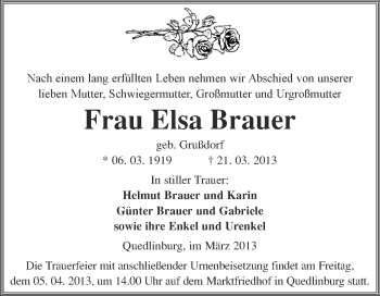 Traueranzeige von Elsa Brauer von WVG - Wochenspiegel Quedlinburg