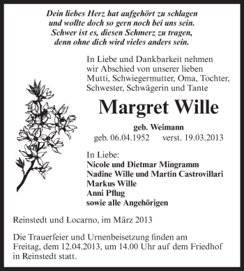 Traueranzeige von Margret Wille von WVG - Wochenspiegel Aschersleben