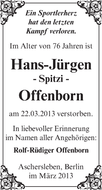 Traueranzeige von Hans-Jürgen Offenborn von Super Sonntag Aschersleben