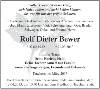 Traueranzeige von Rolf Dieter Bewer von WVG - Wochenspiegel NMB / WSF / ZTZ