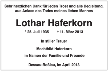 Traueranzeige von Lothar Haferkorn von Super Sonntag Dessau / Köthen