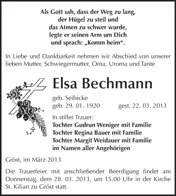 Traueranzeige von Elsa Bechmann von WVG - Wochenspiegel Merseburg
