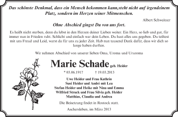 Traueranzeige von Marie Schade von WVG - Wochenspiegel Aschersleben