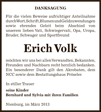 Traueranzeige von Erich Volk von Super Sonntag Bernburg