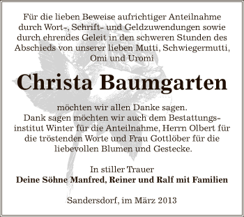 Traueranzeige von Christa Baumgarten von WVG - Wochenspiegel Bitterfeld