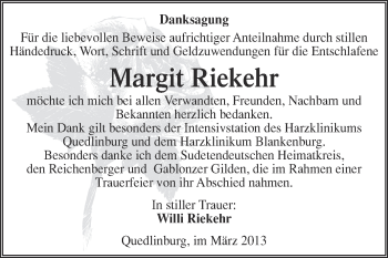 Traueranzeige von Margit Riekehr von Super Sonntag Quedlinburg