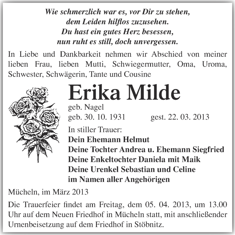  Traueranzeige für Erika Milde vom 27.03.2013 aus WVG - Wochenspiegel Merseburg