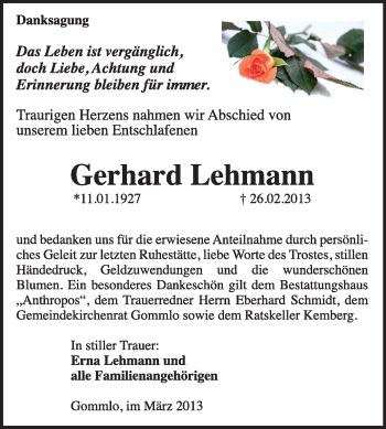 Traueranzeige von Gerhard Lehmann von Super Sonntag Wittenberg