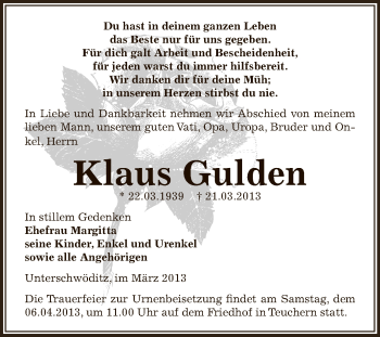 Traueranzeige von Klaus Gulden von Super Sonntag Zeitz