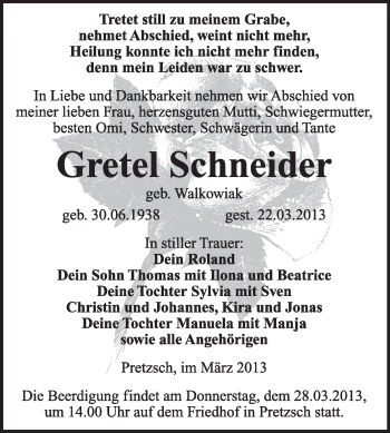 Traueranzeige von Gretel Schneider von WVG - Wochenspiegel Wittenberg