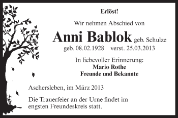 Traueranzeige von Anni Bablok von WVG - Wochenspiegel Aschersleben