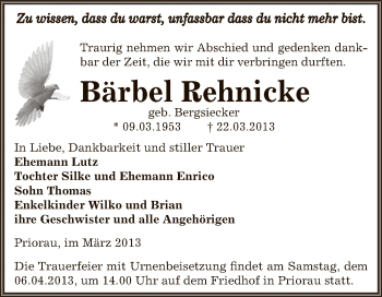 Traueranzeige von Bärbel Rehnicke von WVG - Wochenspiegel Bitterfeld