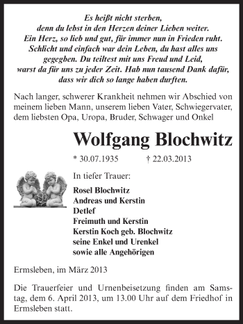 Traueranzeige von Wolfgang Blochwitz von Super Sonntag Aschersleben