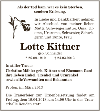 Traueranzeige von Lotte Kittner von Super Sonntag Zeitz