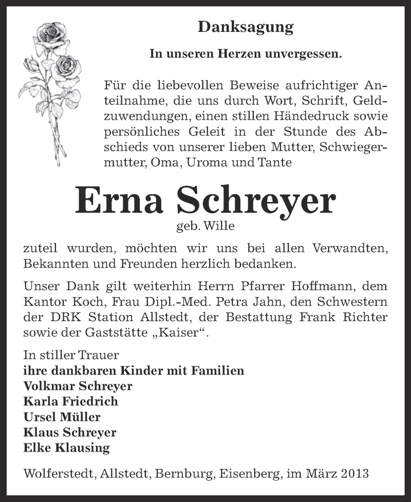  Traueranzeige für Erna Schreyer vom 31.03.2013 aus Super Sonntag SGH Mansf. Land