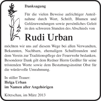 Traueranzeige von Rudi Urban von Super Sonntag Merseburg