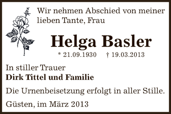 Traueranzeige von Helga Basler von Super Sonntag Bernburg