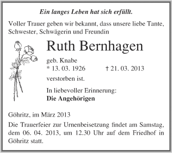 Traueranzeige von Ruth Bernhagen von WVG - Wochenspiegel Merseburg