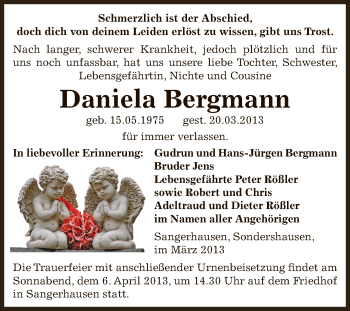 Traueranzeige von Daniela Bergmann von Super Sonntag SGH Mansf. Land
