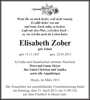 Traueranzeige von Elisabeth Zober von Super Sonntag Aschersleben