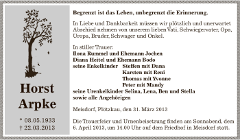 Traueranzeige von Horst Arpke von Super Sonntag SGH Mansf. Land