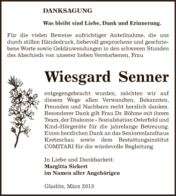 Traueranzeige von Wiesgard Senner von Super Sonntag Zeitz